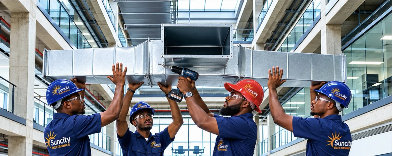 Suncity engineers installing air ductwork in a commercial building